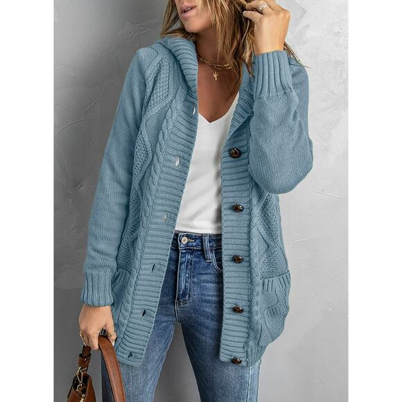 Eytino Womens Hooded Cardigan Sweater Coat Long Sleeve with Pockets Blue Size M - Picture 6 of 7